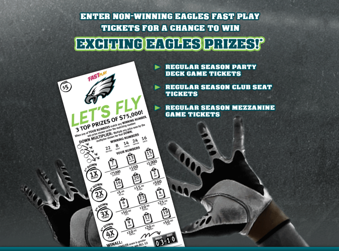 Enter non-winning Eagles Fast Play tickets for a chance to win exciting Eagles prizes!